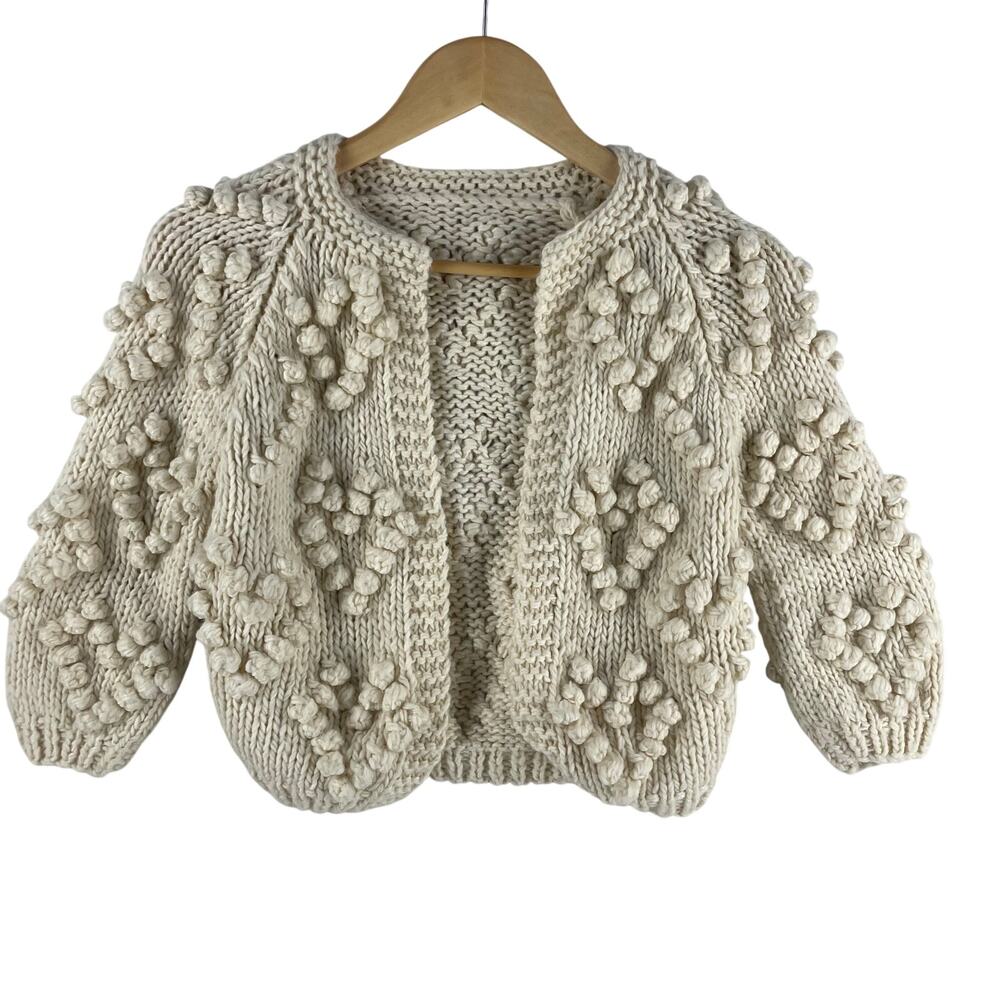 Chicwish Girls Knit Your Love Chunky Cardigan 5-6Y Ivory Heart Bobble Wool Blend